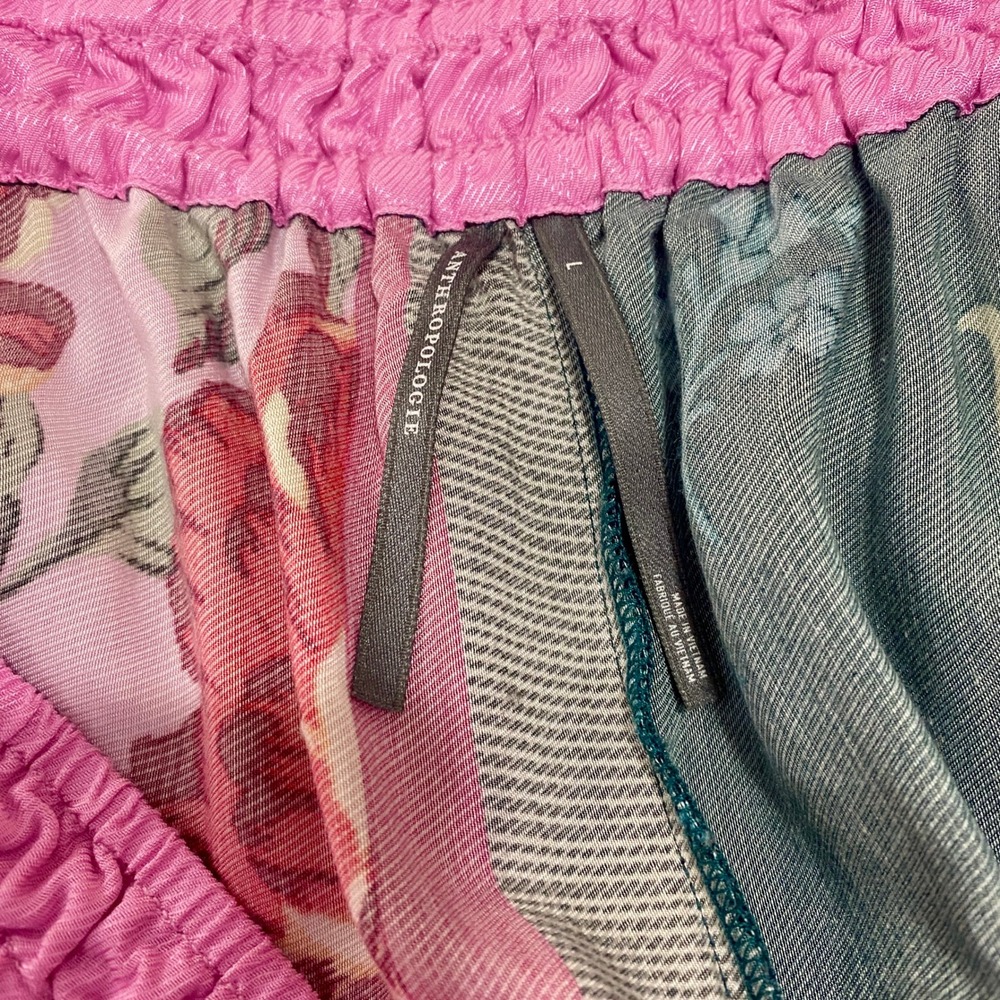 Anthropologie Patchwork Floral Wide Leg Pants L Boho Smocked Waist Mixed Print - Picture 7 of 9